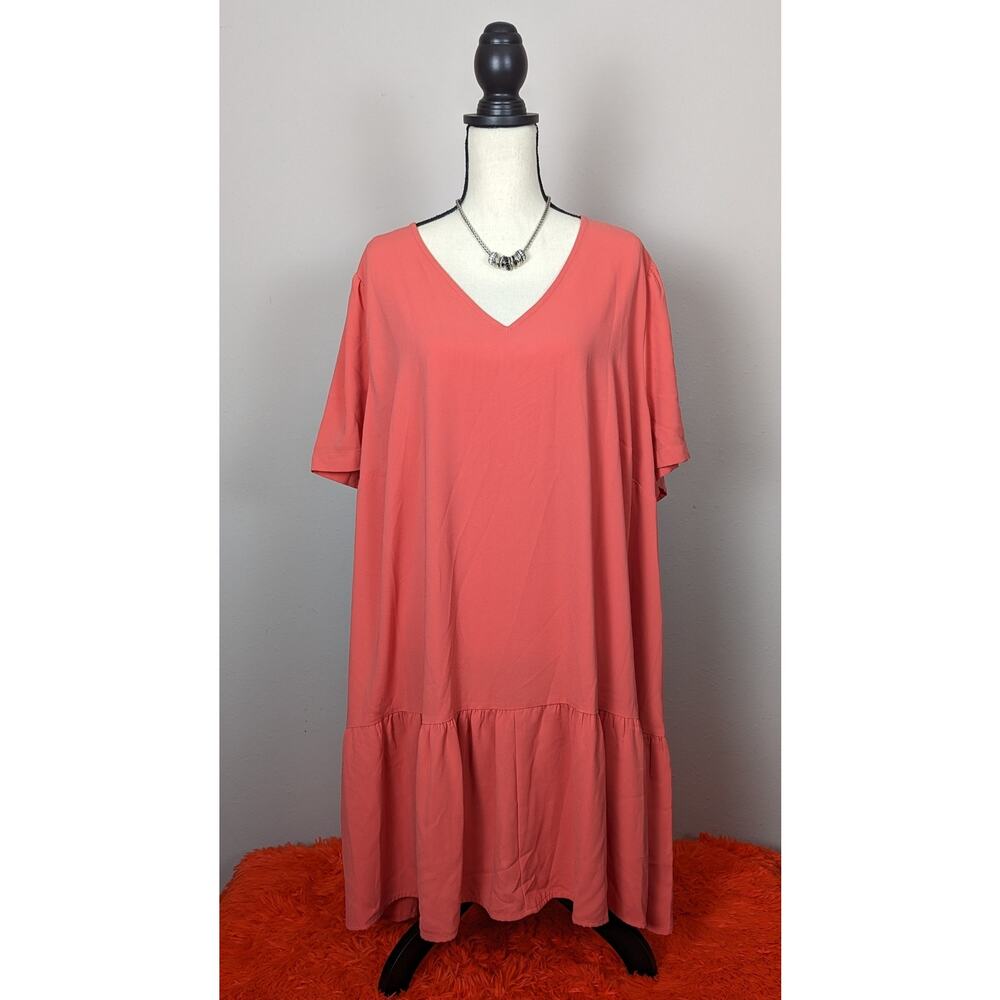 NWT A New Day Women's Coral Pink V Neck Flutter Short Sleeve Tiered Dress 2X